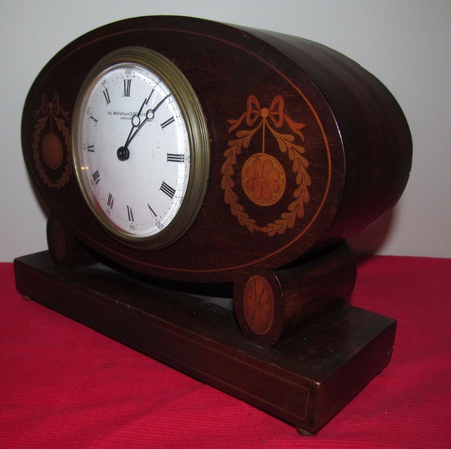 FINELY INLAID ANTIQUE EDWARDIAN MAHOGANY DESK CLOCK BY H. L. BROWN ENGLAND