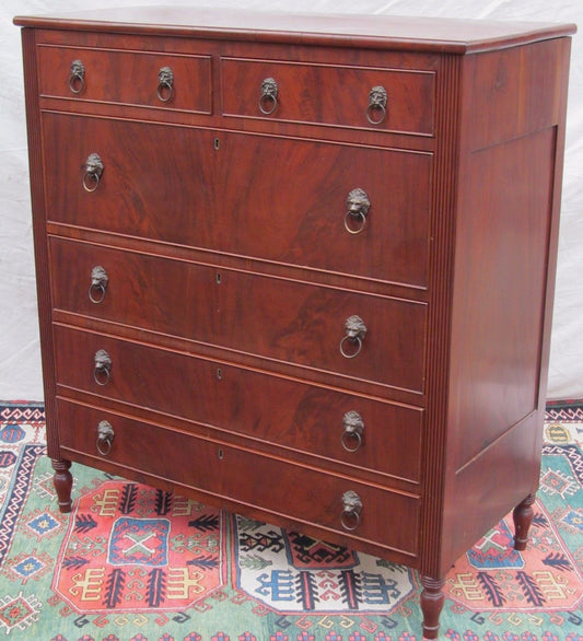 EARLY 19TH CT NYC SHERATON MAHOGANY GENTLEMAN'S TALL CHEST W/ LION HEAD PULLS