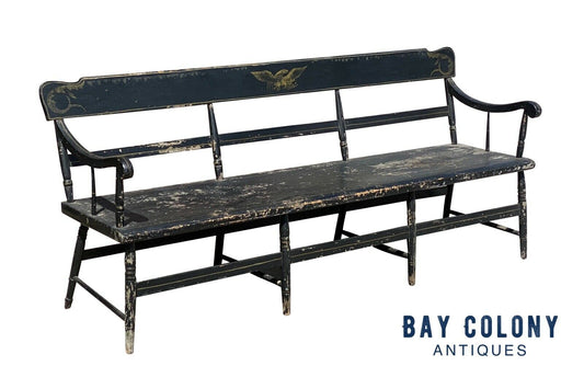 19th C Antique Black Painted Farmhouse / Deacons Bench - 6.5 Feet - Eagle Paint