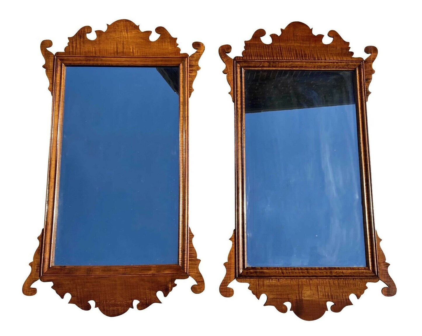 20th C Chippendale Antique Style Pair Of Tiger Maple Mirrors