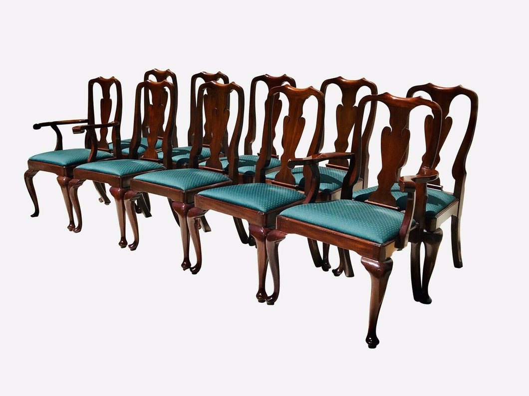 20TH C SET OF 10 HENKEL HARRIS QUEEN ANNE ANTIQUE STYLE MAHOGANY DINING CHAIRS
