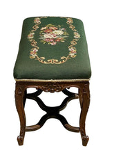 Load image into Gallery viewer, 19TH C ANTIQUE FRENCH WALNUT WINDOW / VANITY BENCH W/ FLORAL NEEDLEPOINT SEAT