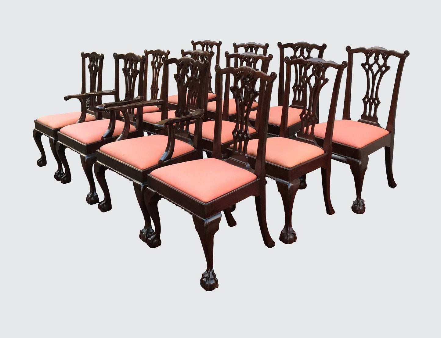 CHIPPENDALE STYLE SET OF 12 ANTIQUE MAHOGANY DINING CHAIRS & MASTERPIECES!