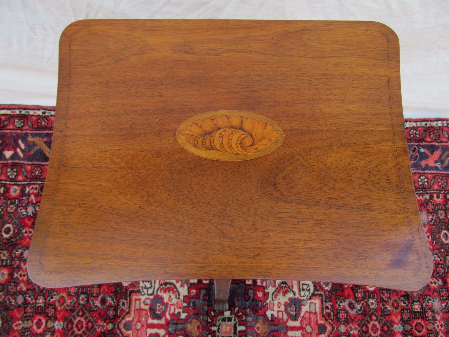 EARLY 19TH CENTURY REGENCY CONCH SHELL INLAID MAHOGANY SEWING TABLE
