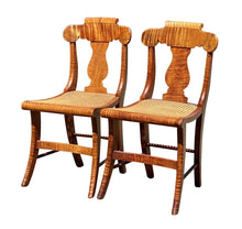 Load image into Gallery viewer, 19TH C PAIR OF ANTIQUE FEDERAL PERIOD TIGER MAPLE SABER LEG CHAIRS - CURLY MAPLE
