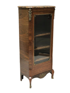 19TH C FRENCH LOUIS XV ANTIQUE MARBLE TOP WALNUT VITRINE W/ ORMOULU MOUNTS