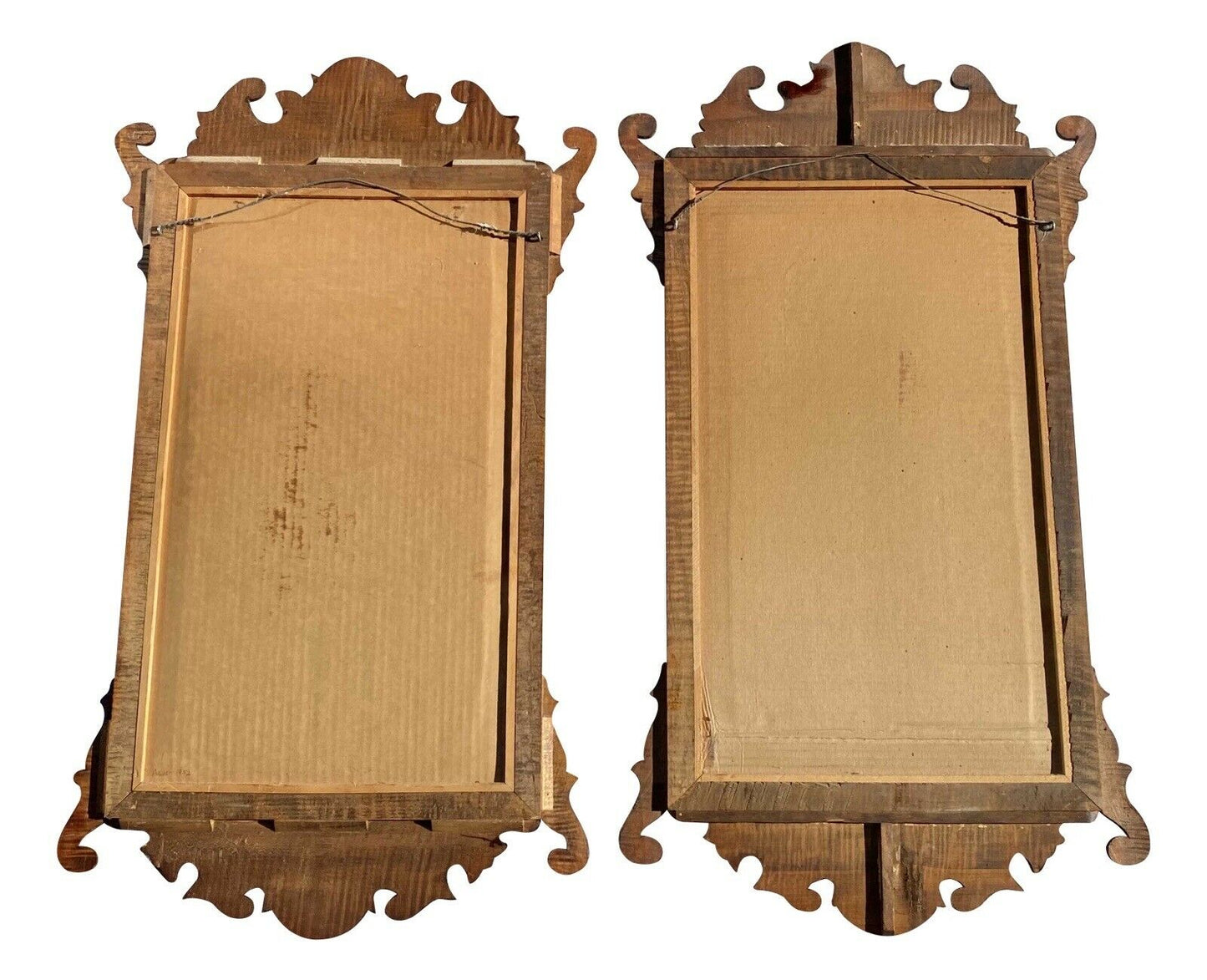 20th C Chippendale Antique Style Pair Of Tiger Maple Mirrors