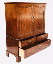 Load image into Gallery viewer, 18TH C GEORGE III PERIOD CHIPPENDALE STYLE ANTIQUE MAHOGANY LINEN PRESS
