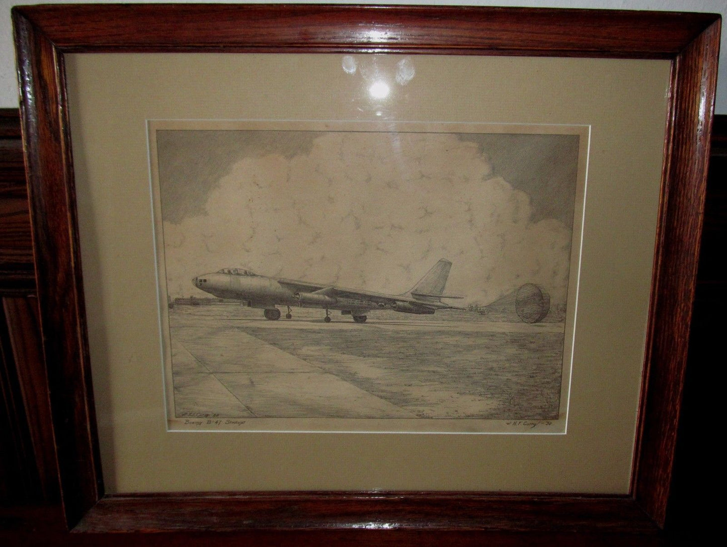 VINTAGE PENCIL DRAWN BOEING B-47 STRATOJET IN OAK FRAME BY H.F. CURRY DATED 1950