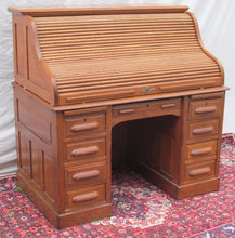 Load image into Gallery viewer, EXCELLENT VICTORIAN SOLID TIGER RAISED PANELED OAK S ROLL TOP DESK-TOP QUALITY!