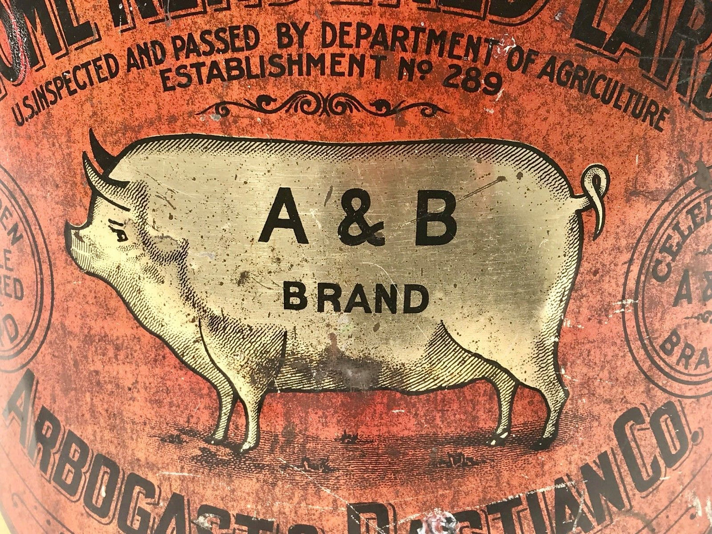 ARBOGAST & BASTIAN LITHOGRAPHED HOME RENDERED LARD TIN ADVERTISING BUCKET - A&B