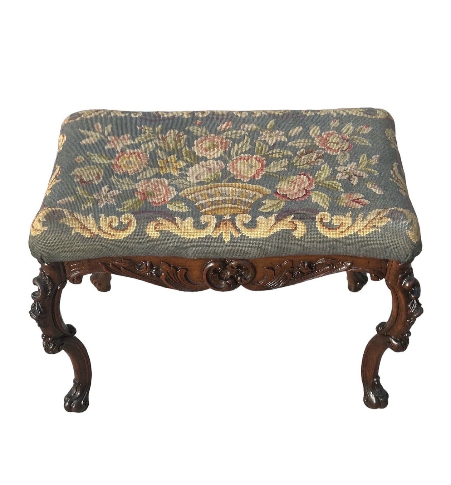 Antique French Louis XV Style Walnut Vanity Bench With Needlepoint Floral Basket