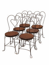 Load image into Gallery viewer, 20TH C ANTIQUE SET OF 6 WROUGHT IRON HEART BACK ICE CREAM PARLOR CHAIRS