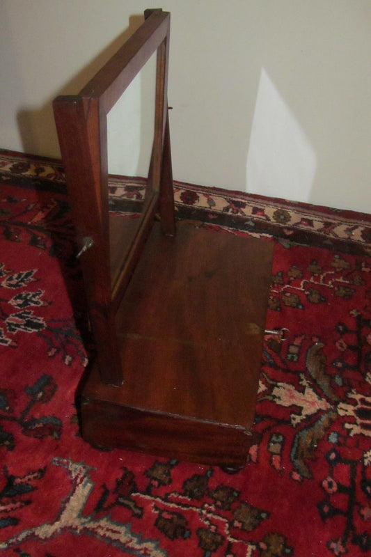 FEDERAL PERIOD MAHOGANY SHAVING MIRROR W/DRAWER, LOCK & TINY BUN FEET