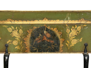 19th C Antique Green & Gilt Paint Tole Fireplace Warmer W/ Folk Art Paintings