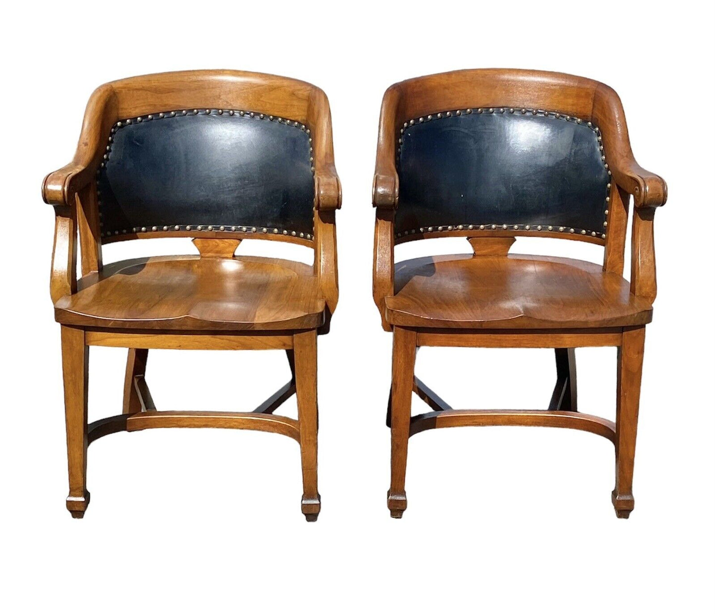 Antique Pair Of Walnut Armchairs with Leather Backs - Milwaukee Chair Company