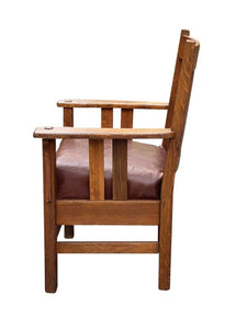 20th C AntiqueJM Young Tiger Oak Arm Chair W/ Leather Seat #810