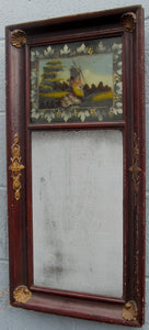 FEDERAL PERIOD GLAZED FINISHED EGLOMISE MIRROR IN SPANISH BROWN W/ GILT SCALLOPS