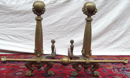 MONUMENTAL ANTIQUE CHIPPENDALE BALL & CLAW FIREPLACE ANDIRON SET W/ FENDER BAR