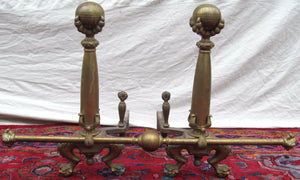 MONUMENTAL ANTIQUE CHIPPENDALE BALL & CLAW FIREPLACE ANDIRON SET W/ FENDER BAR
