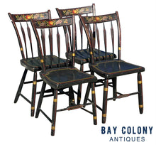 Load image into Gallery viewer, 19th C Antique Country Primitive Set of 4 Thumb Back Fancy Paint Windsor Chairs