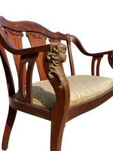 Load image into Gallery viewer, Antique Art Nouveau Mahogany Settee With Figural Carvings Attributed Rj Horner
