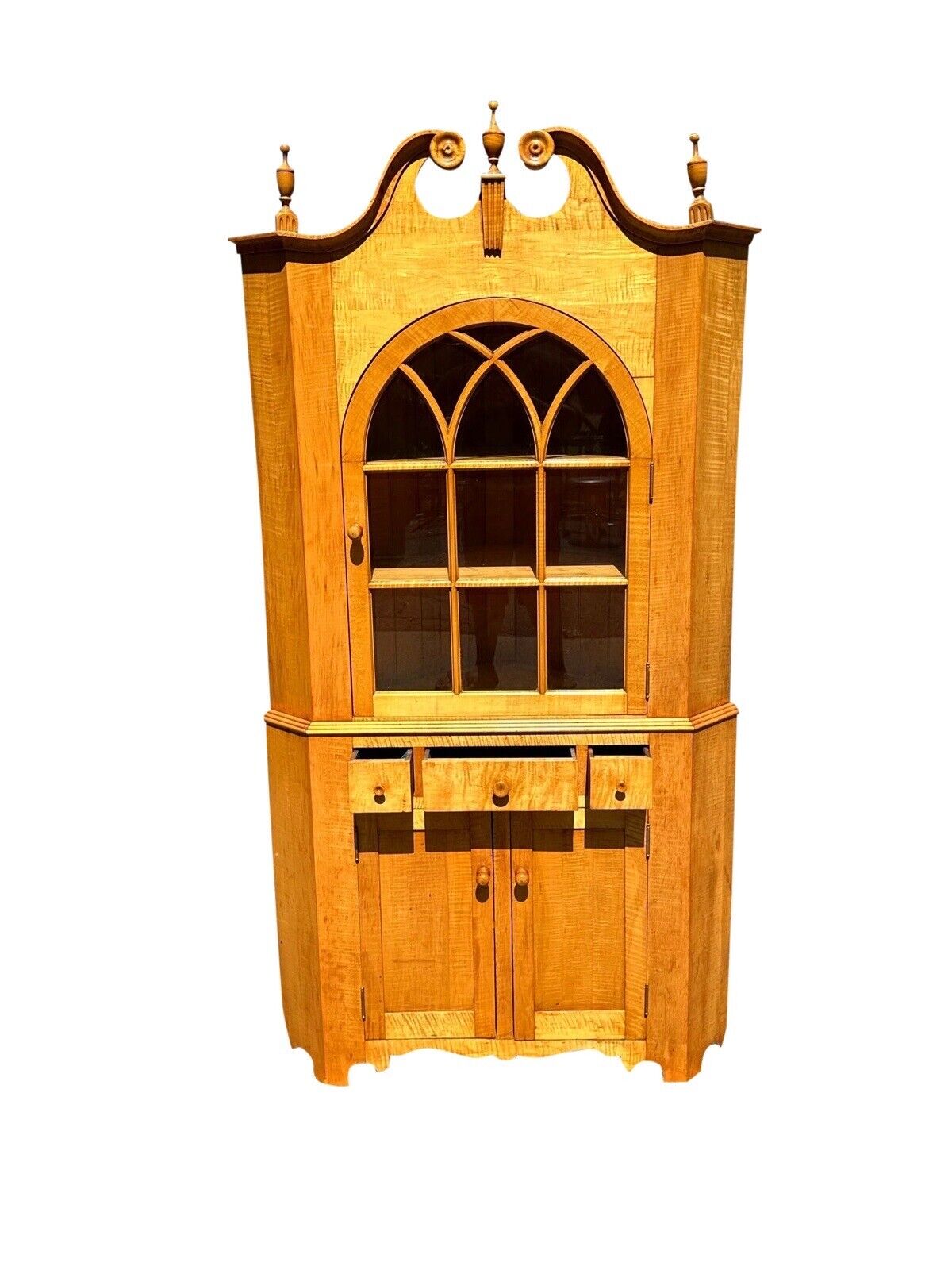 Federal Style Tiger Maple Two Piece Corner Cabinet With Arched Door & Bold Grain