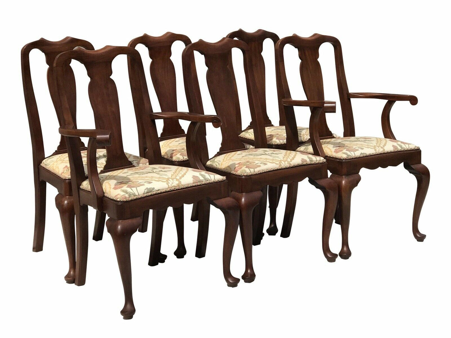 20TH C HENKEL HARRIS SET OF 6 QUEEN ANNE ANTIQUE STYLE WALNUT DINING CHAIRS