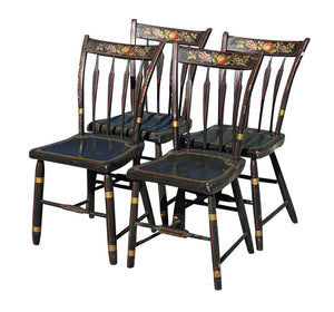 19th C Antique Country Primitive Set of 4 Thumb Back Fancy Paint Windsor Chairs