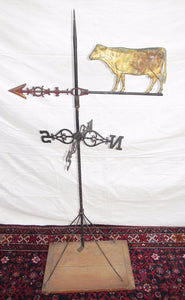 ANTIQUE DAIRY COW WEATHERVANE WITH MOUNT & STANDARDS ON DISPLAY BASE BY CUSHING