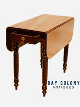 Load image into Gallery viewer, 19TH C ANTIQUE SHERATON MAHOGANY CARVED ROPE LEG DROP LEAF DINING TABLE
