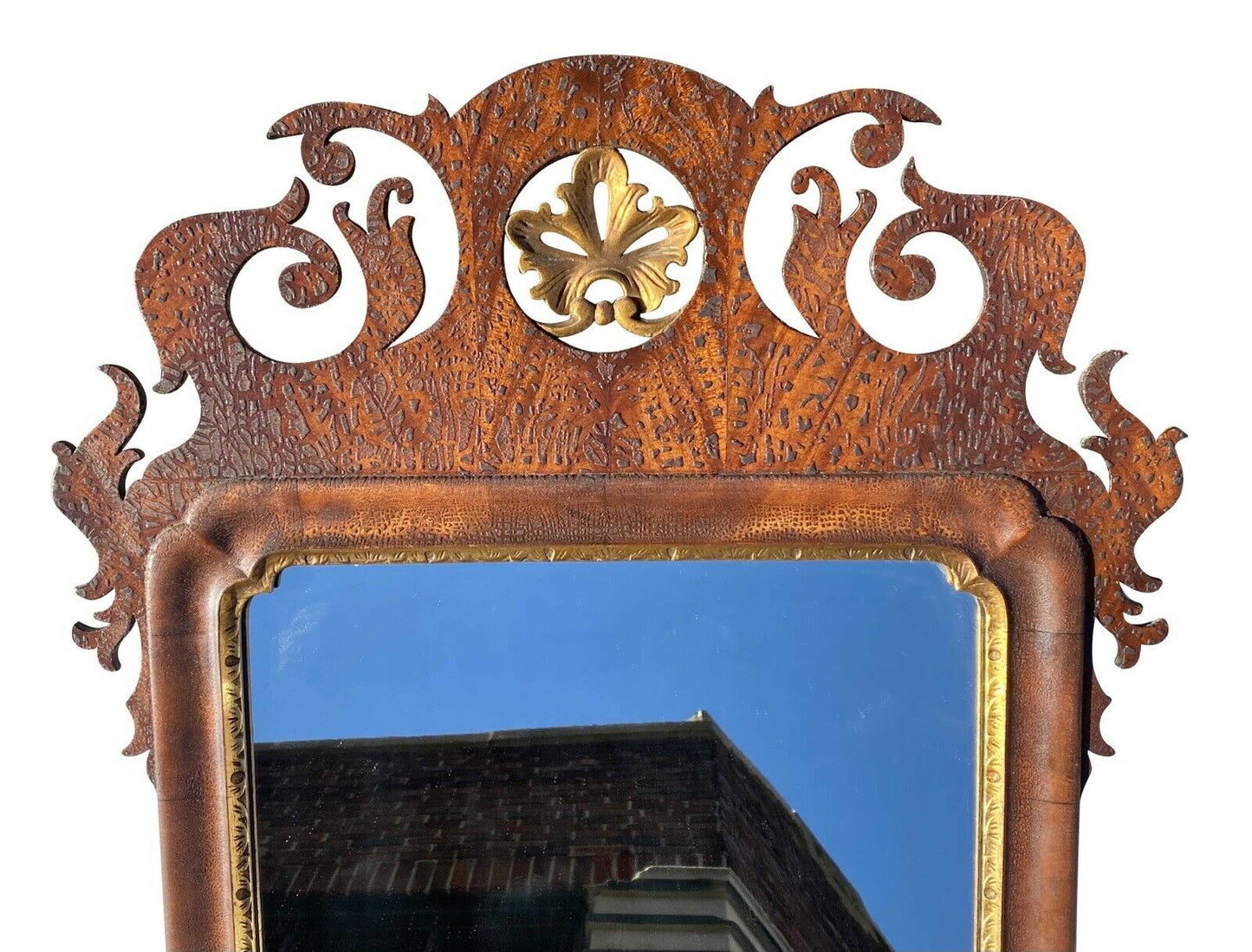 20th C Chippendale Antique Style Mahogany Mirror W/ Carved Crest