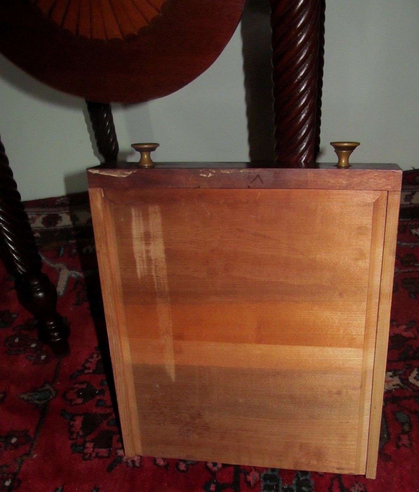 SHERATON STYLE INLAID MAHOGANY WORK TABLE WITH TWIST CARVED LEGS & BASE CABINET