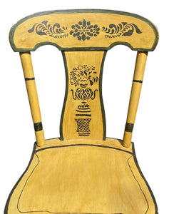 19TH C ANTIQUE SET OF 6 COUNTRY SHERATON YELLOW FANCY PAINT DINING CHAIRS