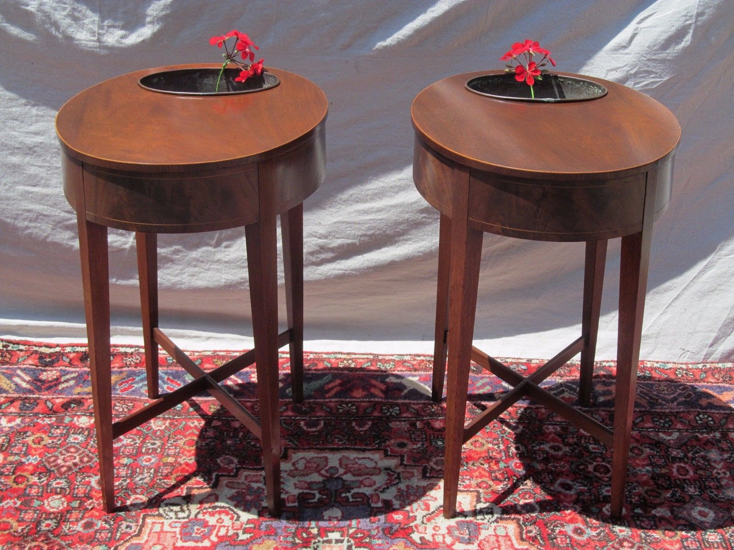 FEDERAL STYLED MAHOGANY PLANTER OVAL FORMED TABLES ON CROSS X STRETCHER BASES