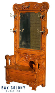 19TH C ANTIQUE VICTORIAN TIGER OAK MIRRORED HALL TREE / LIFT TOP BENCH