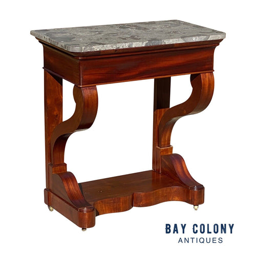 19th C Narrow Antique French Empire Mahogany Console Table With Granite Top