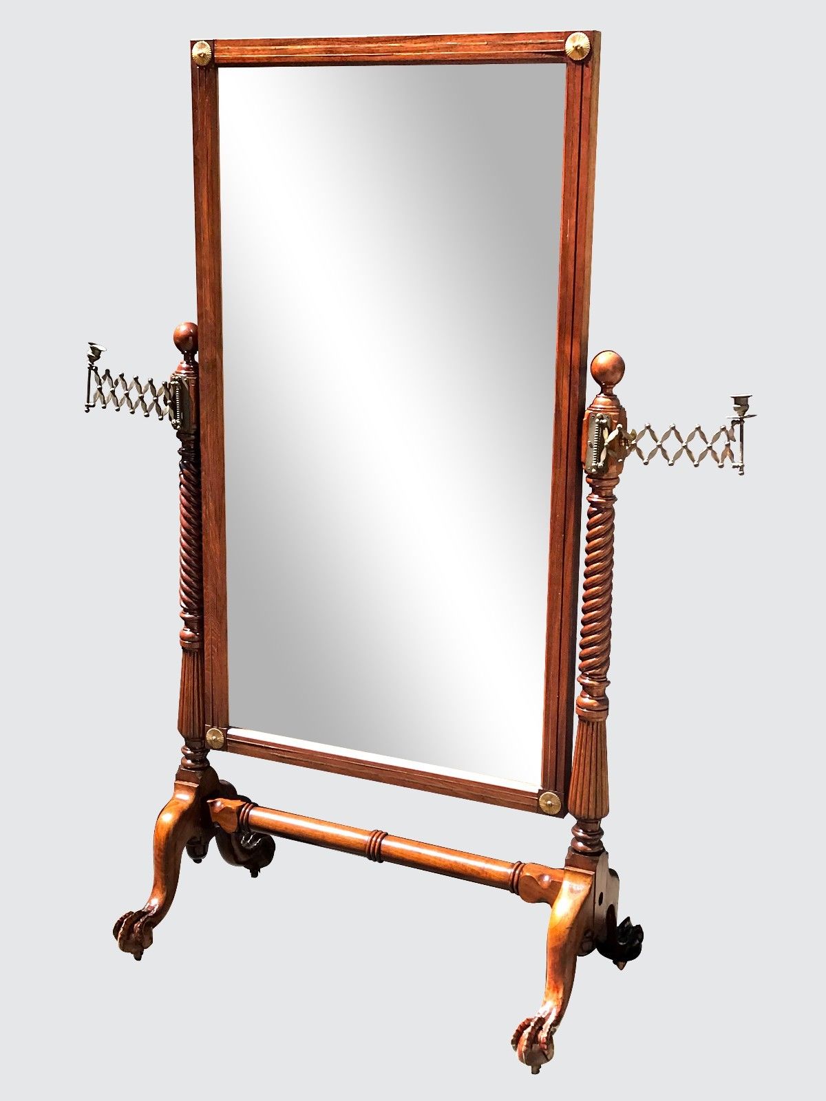 Early 19th Century Classical Mahogany Cheval Mirror on Talon Feet W/ Candle Cups