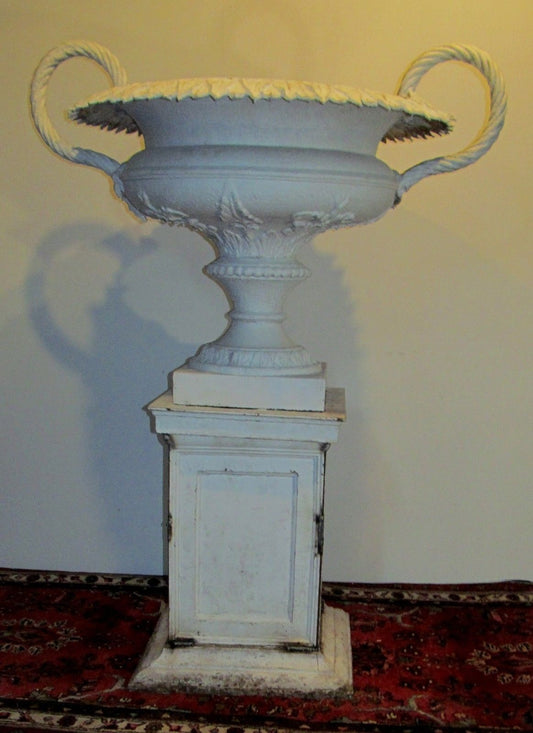 ANTIQUE 19TH CENT VICTORIAN MONUMENTAL CAST IRON URN W/ DECORATIVE MOUNTS