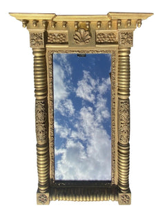 19TH C ANTIQUE FEDERAL PERIOD GOLD GILT SHELL CARVED MIRROR WITH ACORN FINIALSS
