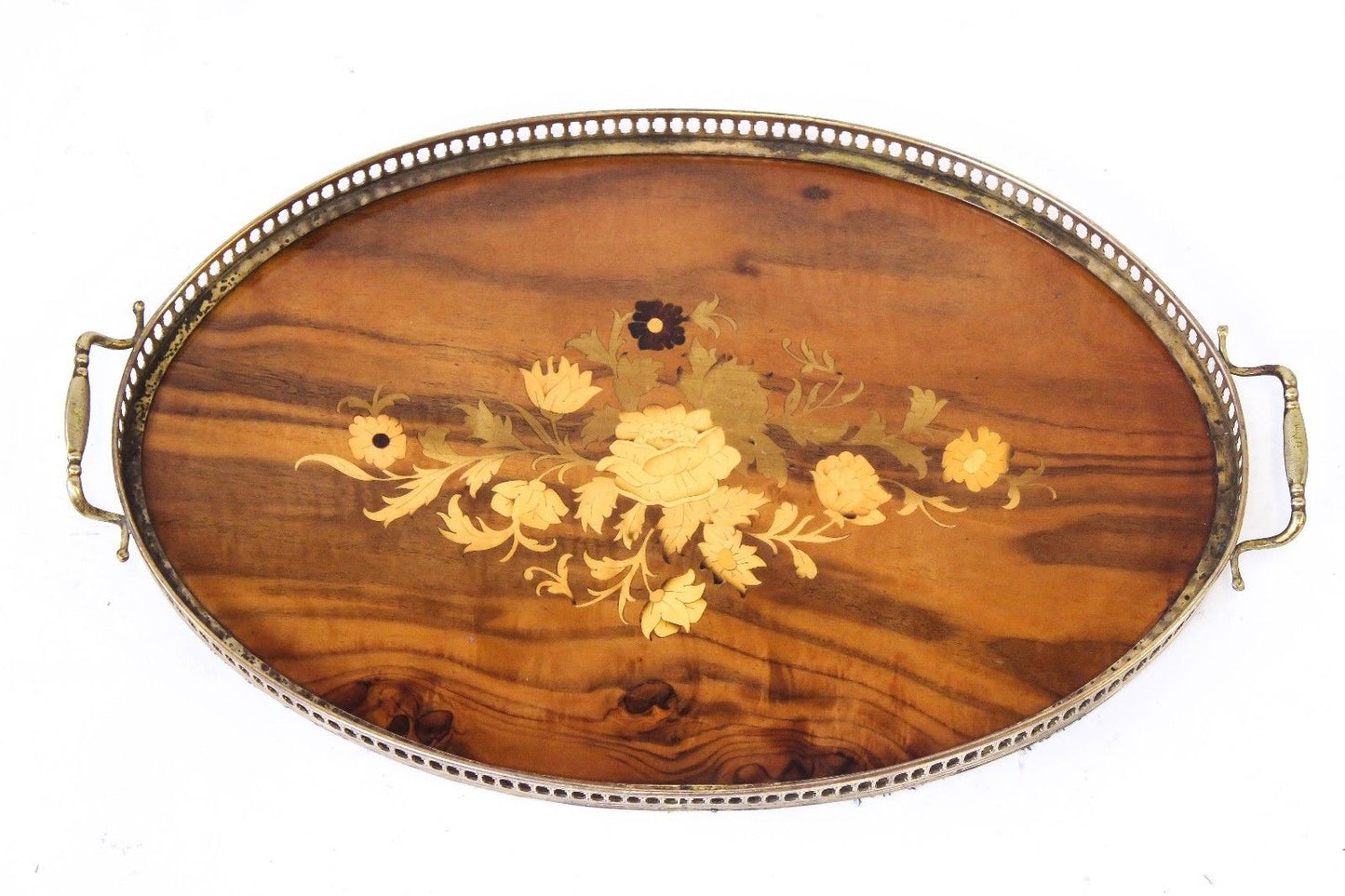FINELY INLAID ROSEWOOD MARQUETRY INLAID SERVING TRAY WITH BRASS GALLERY