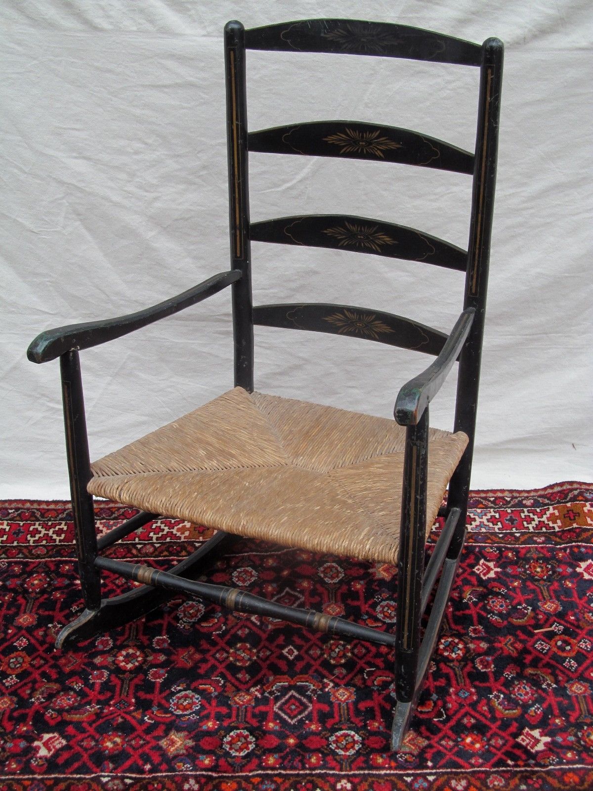 18th CENTURY QUEEN ANNE PERIOD ROCKING ARM CHAIR IN ORIGINAL BLACK PAINT