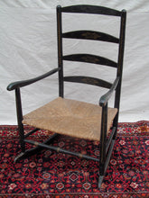 Load image into Gallery viewer, 18th CENTURY QUEEN ANNE PERIOD ROCKING ARM CHAIR IN ORIGINAL BLACK PAINT
