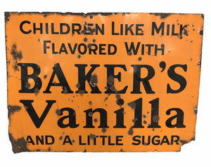 20TH C ANTIQUE AMERICANA PORCELAIN ENAMEL METAL BAKERS VANILLA ADVERTISING SIGN