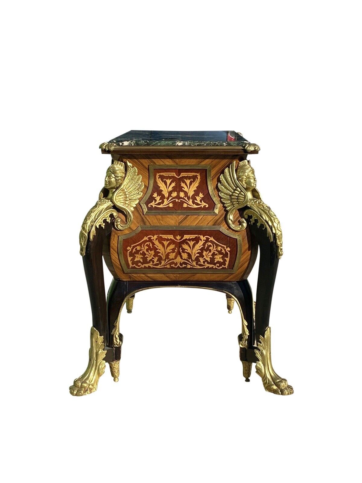 French Louis Xiv Style Walnut Marble Top Bombe Commode With Fire Gilded Accents