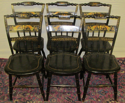 SET OF SIX SHERATON WINDSOR PILLOWBACK FANCY CHAIRS WITH PAINT STENCILED DESIGNS