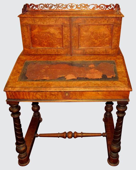 VICTORIAN BURLED WALNUT LADIES DESK W/ SHORT SECRETARY & PIERCED GALLERY