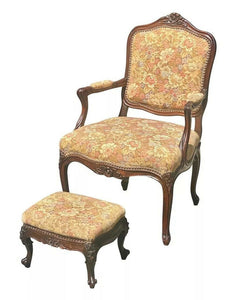 19TH C ANTIQUE WALNUT FRENCH PROVINCAL ARM CHAIR & FOOTSTOOL WITH FLORAL FABRIC