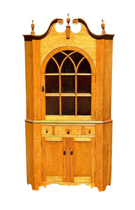 Federal Style Tiger Maple Two Piece Corner Cabinet With Arched Door & Bold Grain