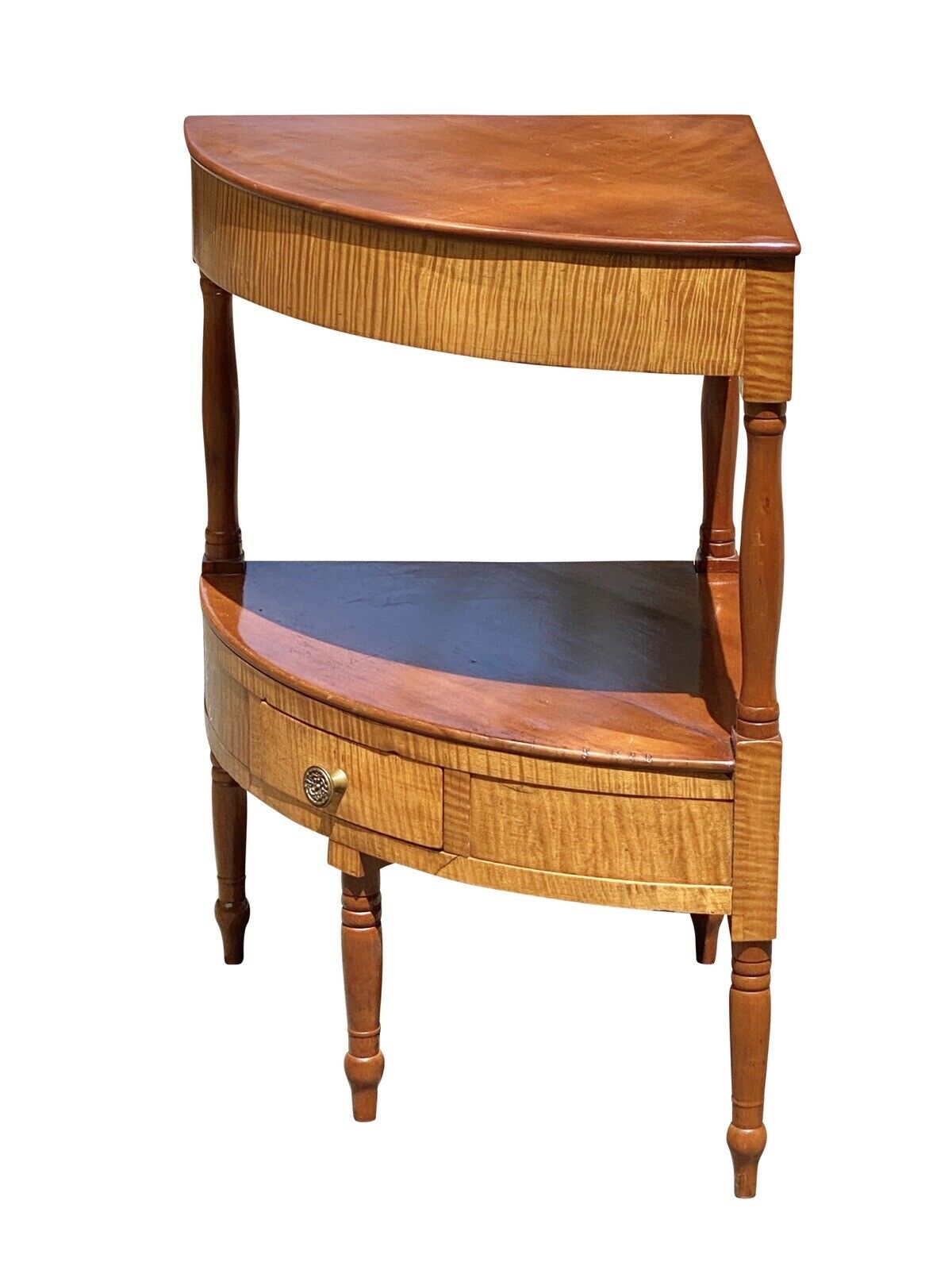 Late 18th Century Antique Federal Tiger Maple & Cherry Curved Corner Wash Stand